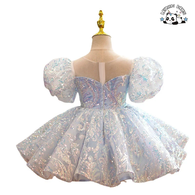 LEZONKIDS - OEM Customizable Blue Sequined Girls Dress Puff Sleeves Tutu Skirt Birthday Party Children Clothing for 2-14 Years